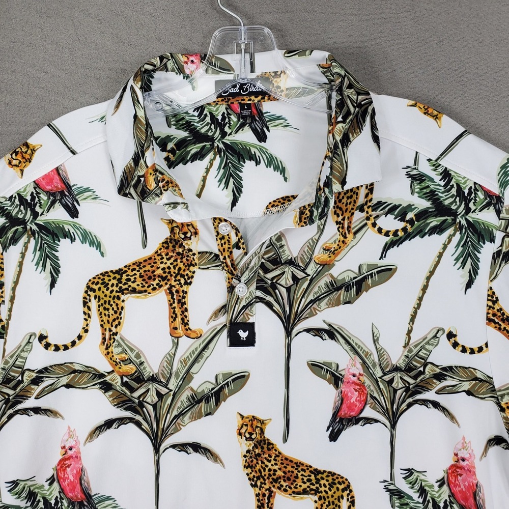 Bad Birdie Polo Men L‎ White Tropical Cheetah Parrot Golf Performance Stretch